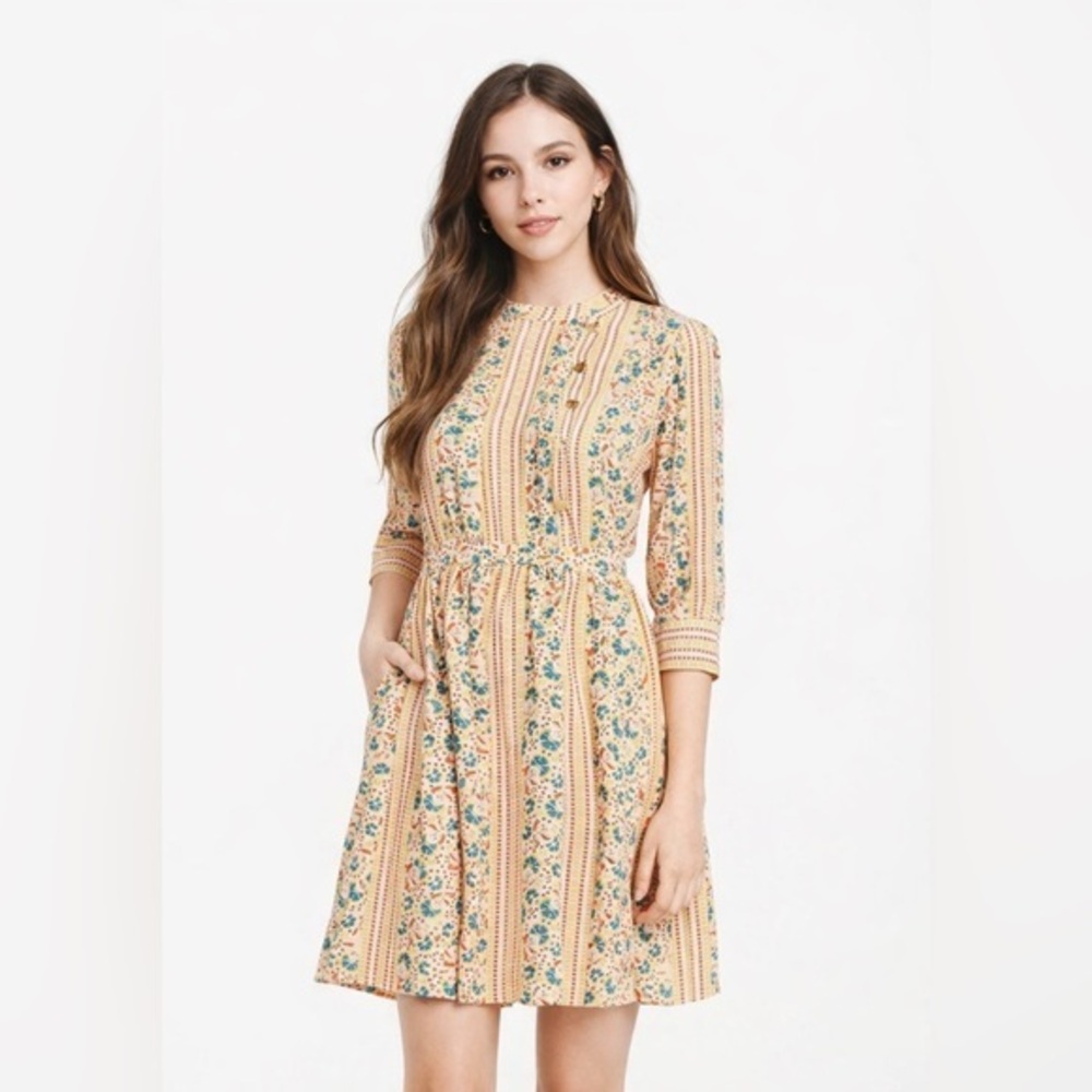 Lauren Moffatt 100% Silk Anthropologie Bohemian Floral Stripe Dress 10